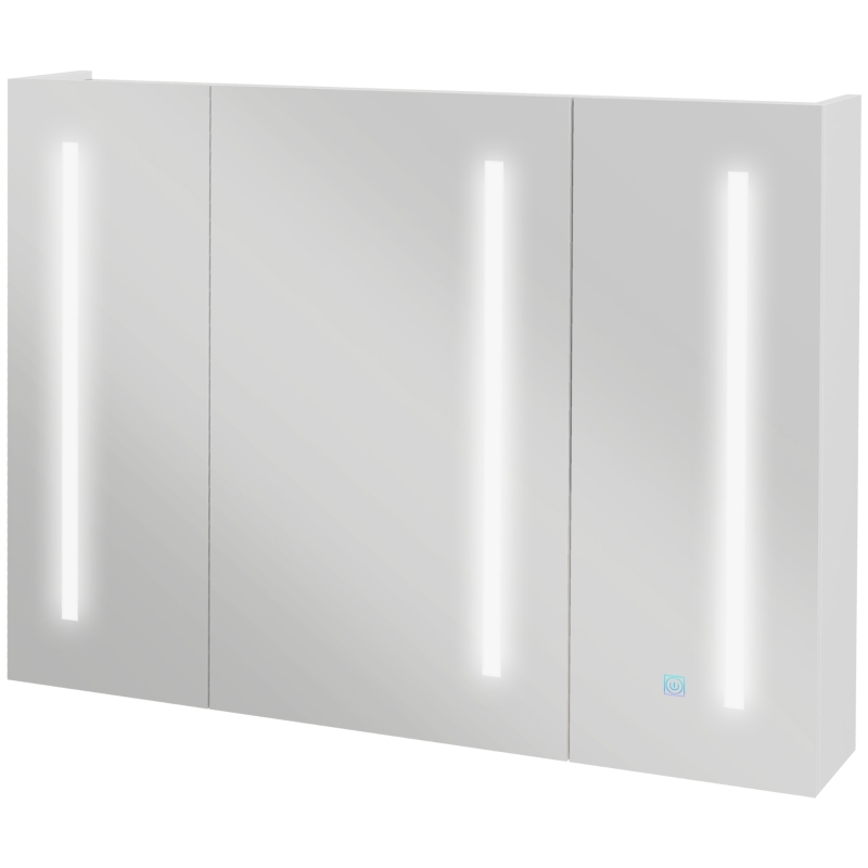 kleankin Armario con Espejo de Baño con 3 Puertas Estantes Ajustables Interruptor Táctil y USB 90x15x70 cm Blanco Brillante