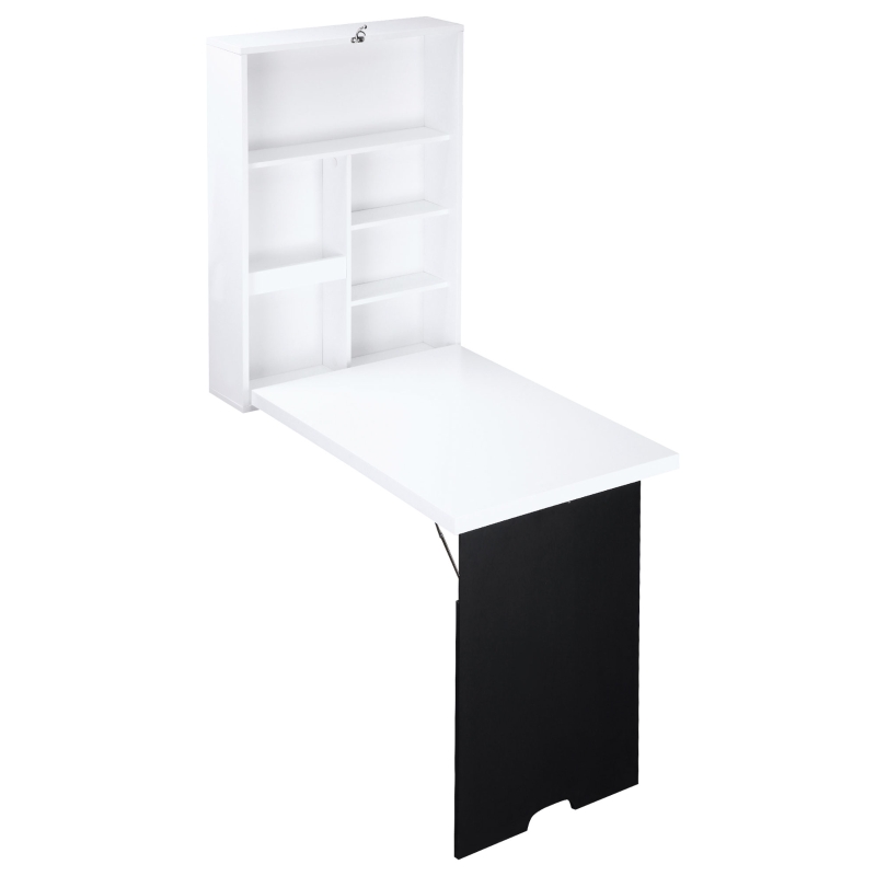 HOMCOM Bureau Mural Pliable Table Murale Rabattable Suspendue sur Pied étagère + Tableau à Craie intégré MDF Blanc