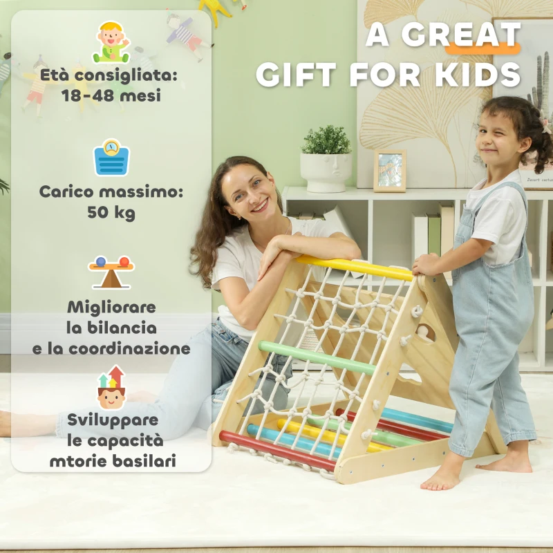 AIYAPLAY Gioco Arrampicata Bambini con Triangolo Montessori 5 in 1 con Corda, Scivolo e Sacchi, in Legno, 119x63x61 cm