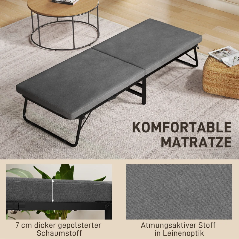 HOMCOM Klappbett, 70 x 190 cm Gästebett, mit 7 cm Schaumstoff-Matratze, verstellbare Rückenlehne, mit Rollen, Dunkelgrau