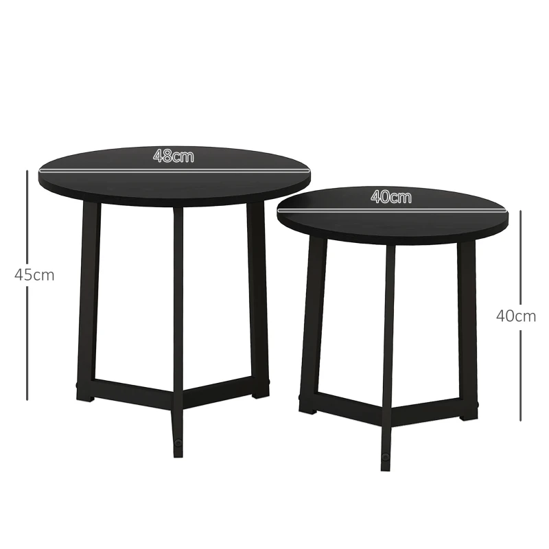 HOMCOM Moderner Couchtisch als 2er-Set, Metallrahmen, MDF, Rundes Design, ineinander verschiebbar, Schwarz