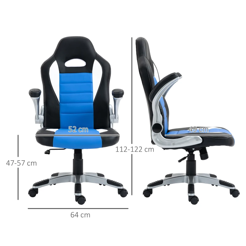 HOMCOM Racing Gaming Chair PU Leather Office Chair Executive Computer Desk Chair with Adjustable Height, Flip Up Armrest, Swivel Wheels, Blue