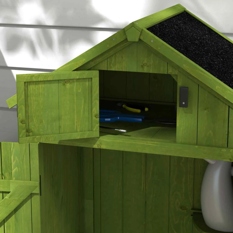 Outsunny Small Shed, Tall Slim Wooden Garden Shed with 3 Removable Shelves and Roof Hatch, Compact Outdoor Tool Storage Cabinet with Asphalt Roof and Door Latch, 77 x 54.2 x 179 cm, Green