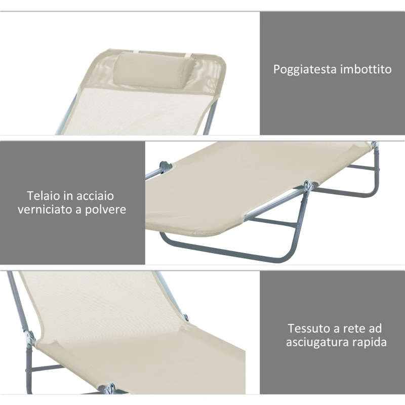 Outsunny Set 2 Lettini Prendisole Pieghevoli con Schienale Reclinabile a 4 Livelli, Metallo e Tessuto a Rete, Beige