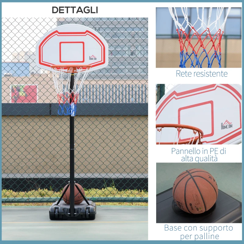 HOMCOM Canestro Basket ad Altezza Regolabile con Base Riempibile e 2 Ruote, in Acciaio, PE e HDPE, 70x45x2 cm