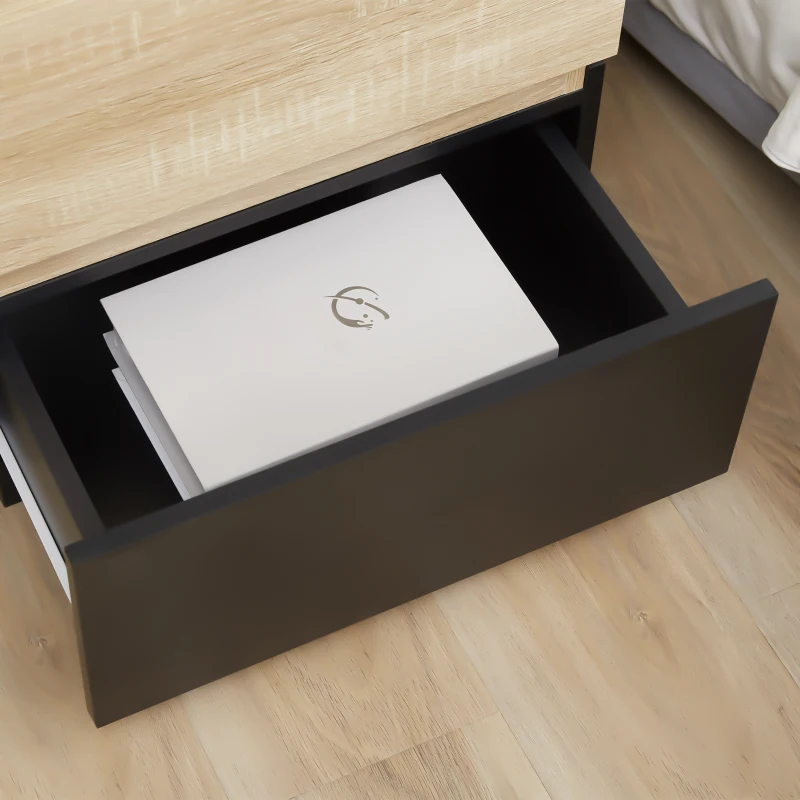 HOMCOM Nachttisch mit Schublade Nachtschrank stapelbar Schubladenschrank Schlafzimmer Nachtkommode Spanplatte Schwarz+Natur 50 x 40 x 47,5 cm