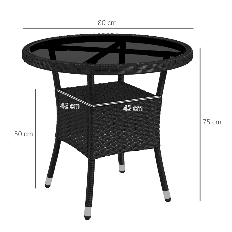 Outsunny Table ronde de jardin en résine tressée et plateau verre trempé 1 étagère de rangement, style cosy chic Ø80 x 75H cm