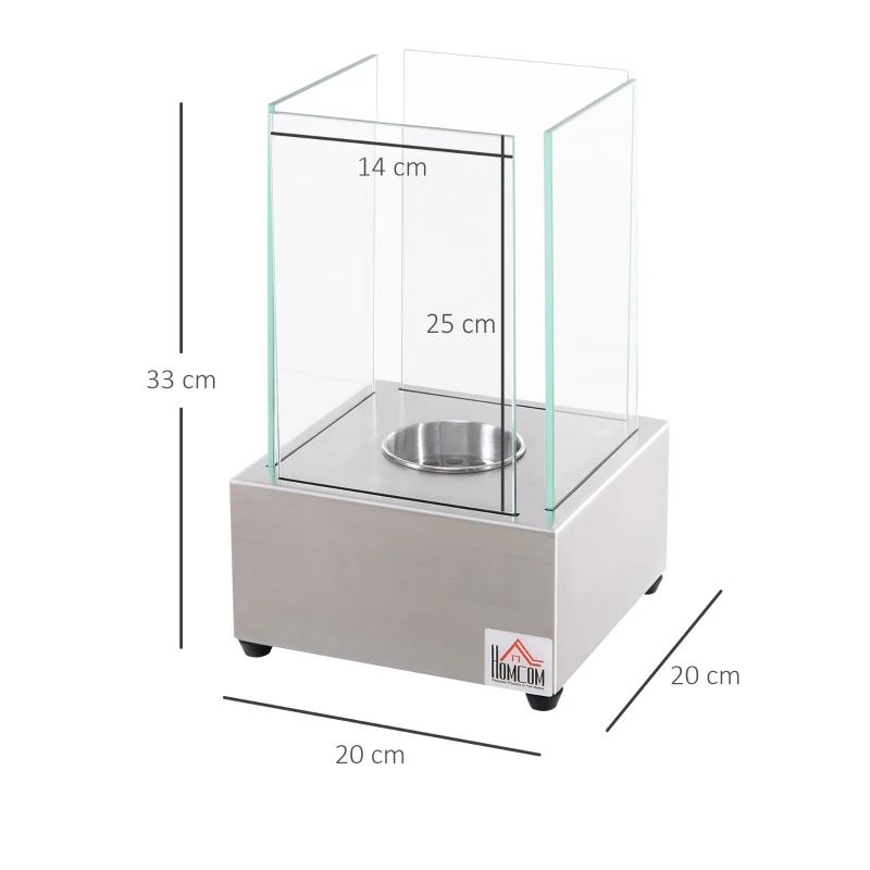 HOMCOM Camino a Bioetanolo da Tavolo con Bruciatore da 0.4L, Biocamino in Acciaio e Vetro per Interni ed Esterni, 20x20x33cm, Argento