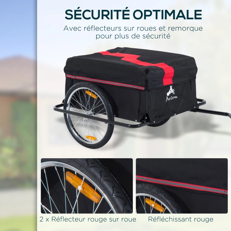 HOMCOM Remorque de transport vélo cargo barre d'attelage incluse housse amovible 4 réflecteurs charge max. 40 Kg noir rouge