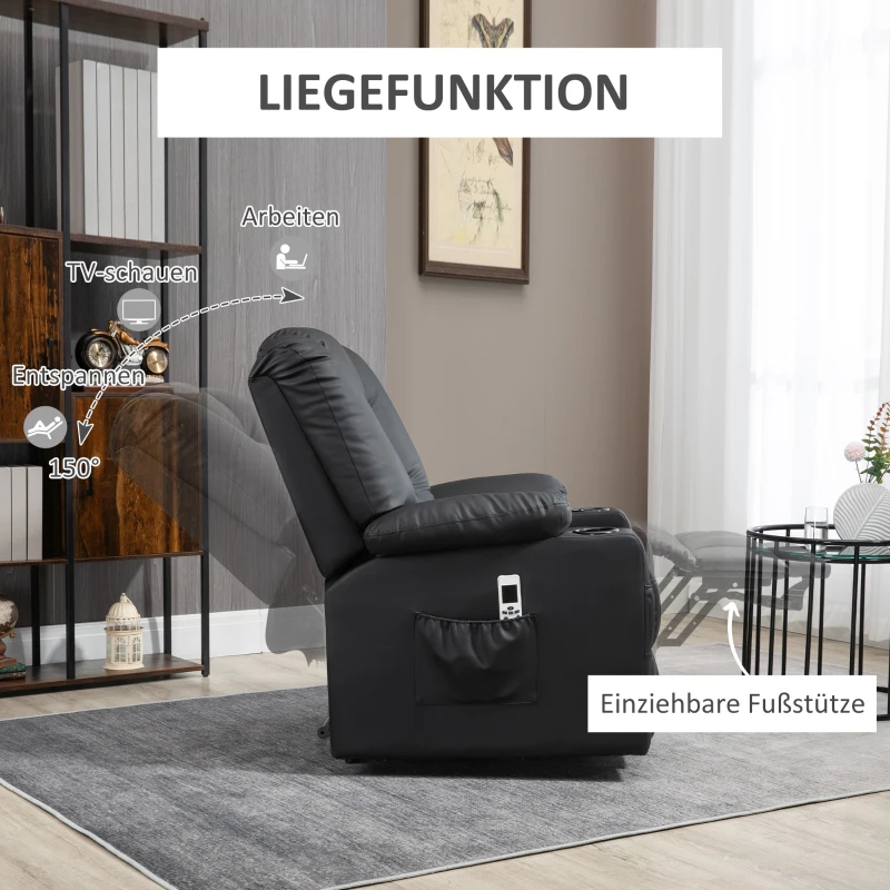 HOMCOM Relaxsessel mit Aufstehhilfe, USB, Massagefunktion, Kunstleder, bis 150 kg, 90x98x102 cm, Schwarz