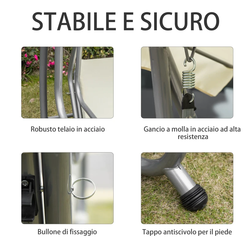 Outsunny Dondolo Letto da Giardino 3 Posti con Tetto Regolabile e 2 Portabicchieri, 200x120x164 cm, Crema
