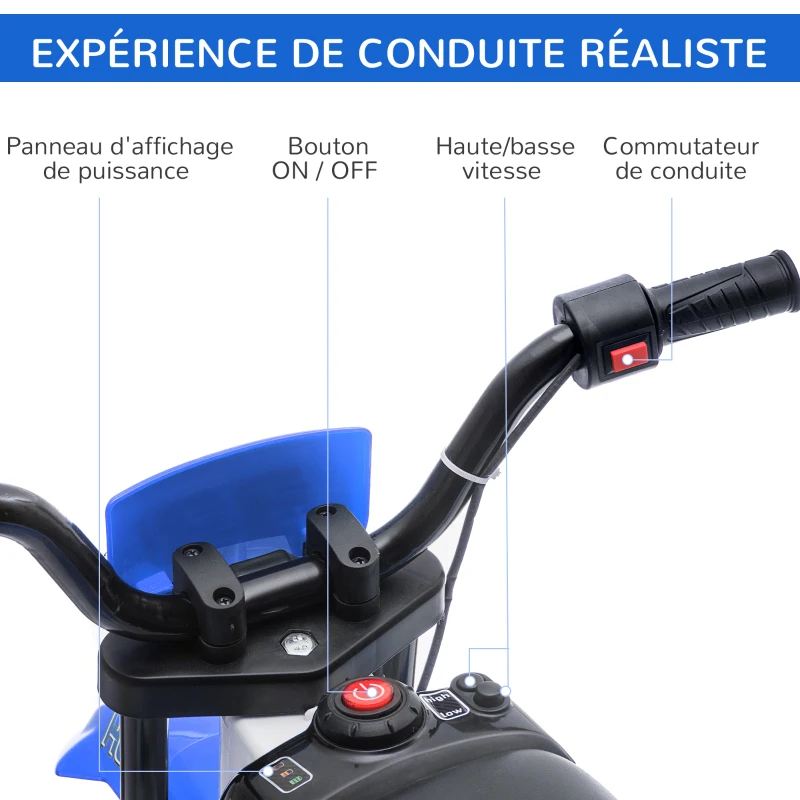 HOMCOM Moto Cross électrique Enfant 3 à 5 Ans 12 V 3-8 Km/h avec roulettes latérales Amovibles dim. 106,5L x 51,5l x 68H cm Bleu(m-4)