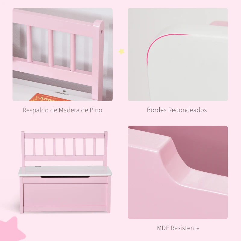 HOMCOM Banco Almacenaje para Niños con Respaldo y Tapa Amortiguadora Carga 40 kg para Salas de Juego 60x30x50 cm Rosa y Blanco