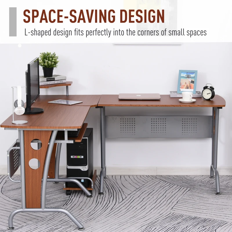 HOMCOM L-Shaped Corner Work Desk Gaming Office w/ Steel Frame CPU Rack Keyboard Tray Space-Saving Melamine Coating Computer Home Workstation Brown