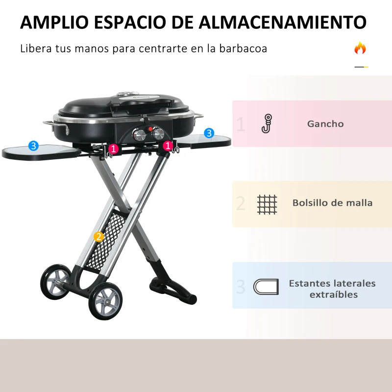 Outsunny Barbacoa de Gas Plegable 2,34 KW con 2 Quemadores 2 Ruedas Parrilla Metálica y Mesas Laterales 100x41,6x82,5 cm Negro