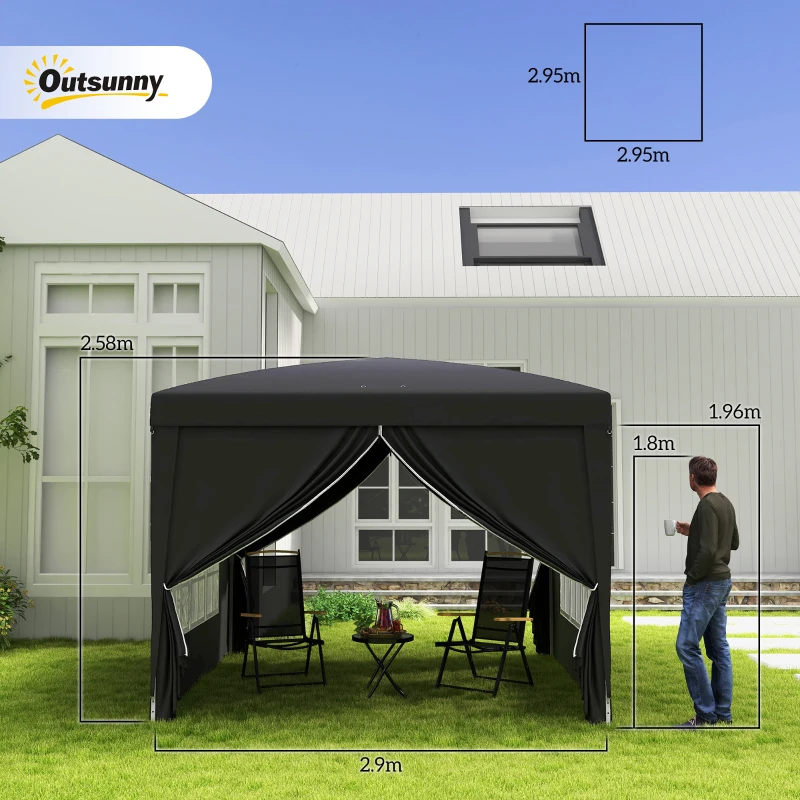 Outsunny 3 x 3(m) Pop Up Gazebo, Water and UV Resistant Party Tent Camping Canopy Marquee with  Carry Bag, Black