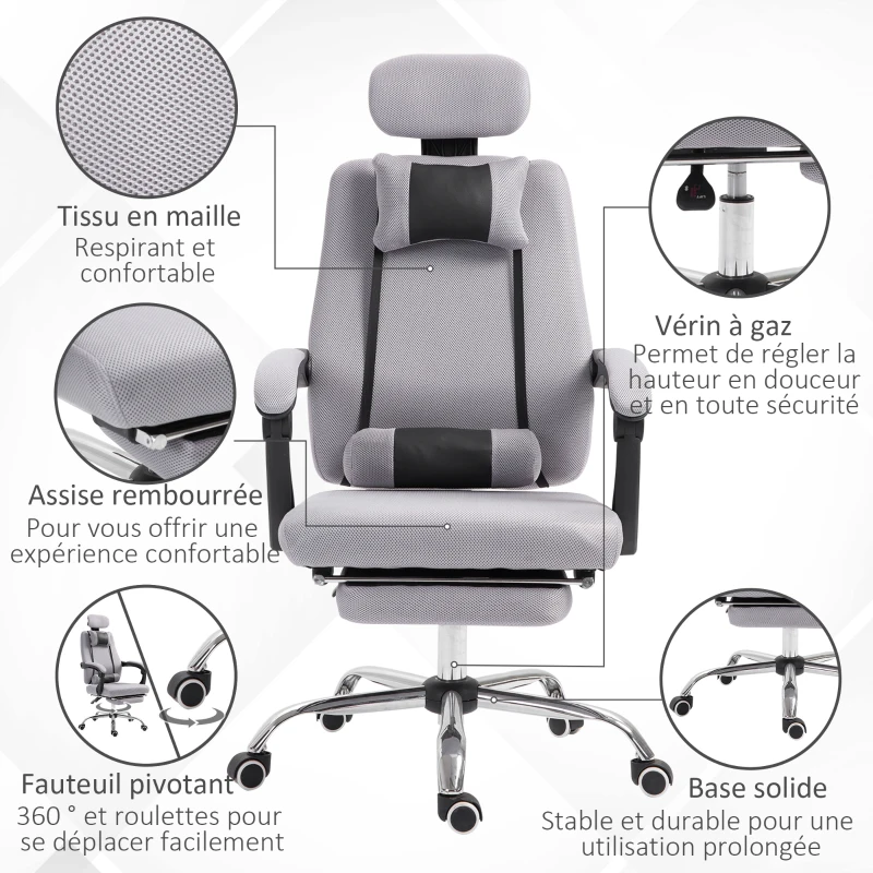 HOMCOM Fauteuil de bureau manager grand confort repose-pied tétière + coussin lombaires intégrés dossier inclinable revêtement tissu micro perforé gris noir