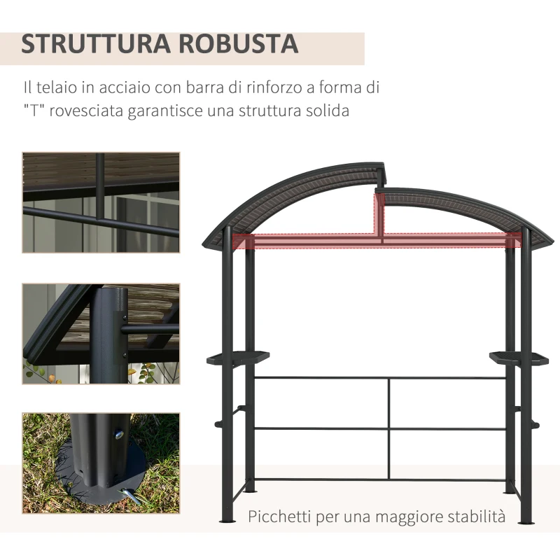 Outsunny Gazebo per Barbecue con Tetto e 2 Ripiani Portaoggetti, in Metallo e PC, 240x150x230cm, Grigio Scuro