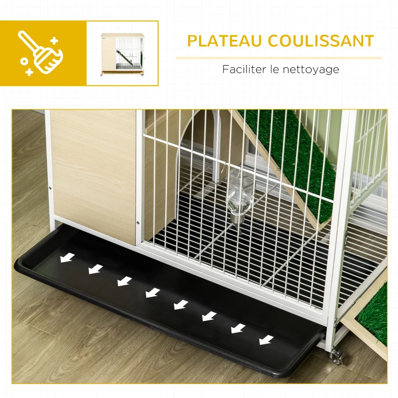 PawHut Cage à lapin clapier sur roulettes toit ouvrant plates-formes avec plateau amovible 78 x 52,5 x 76,5 cm naturel