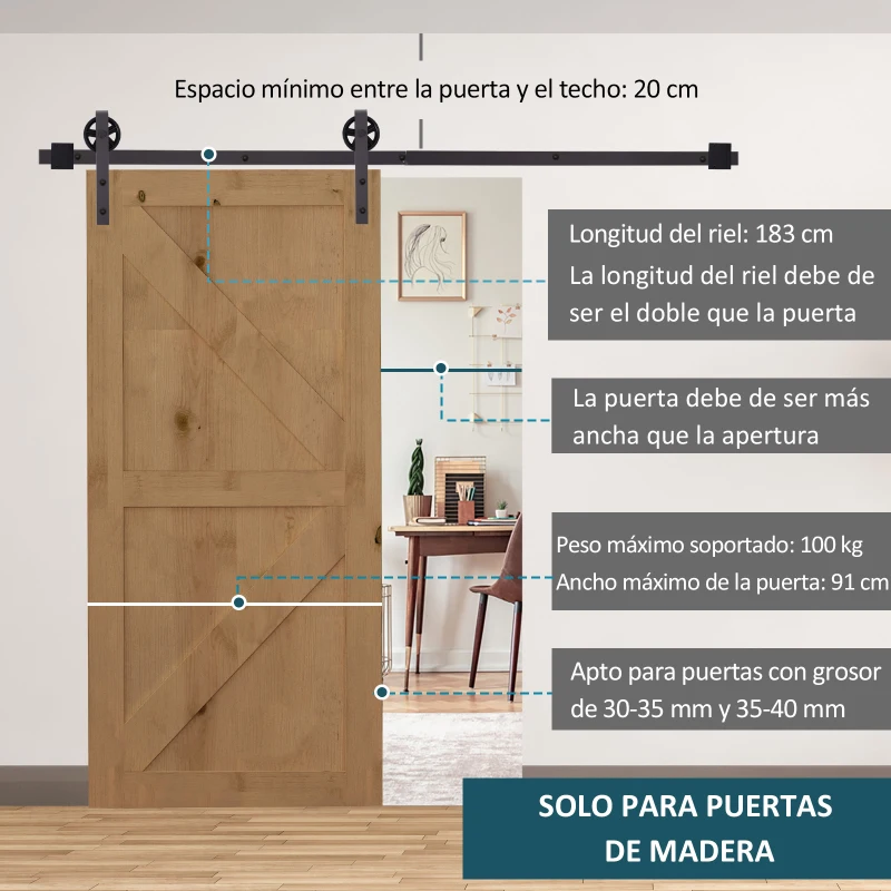 HOMCOM 6FT/183cm Herraje para Puerta Corredera Kit de Puerta Corrediza de Madera con Guía de Suelo Riel de Acero al Carbono Café Oscuro