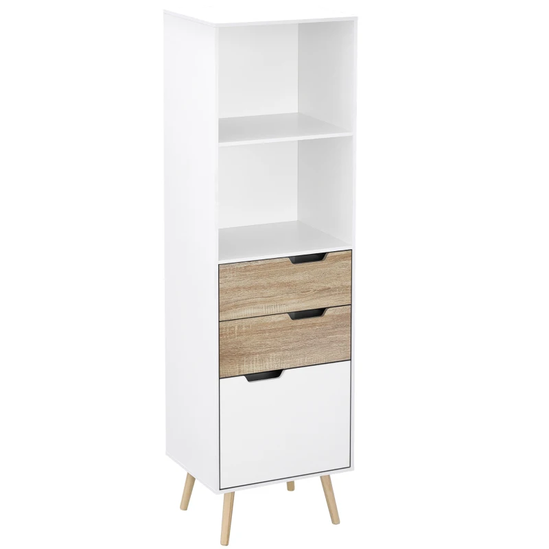 HOMCOM Meuble de rangement sur pied colonne bibliothèque étagère et 3 tiroirs style scandinave blanc et aspect bois 50 x 39 x 169,5 cm
