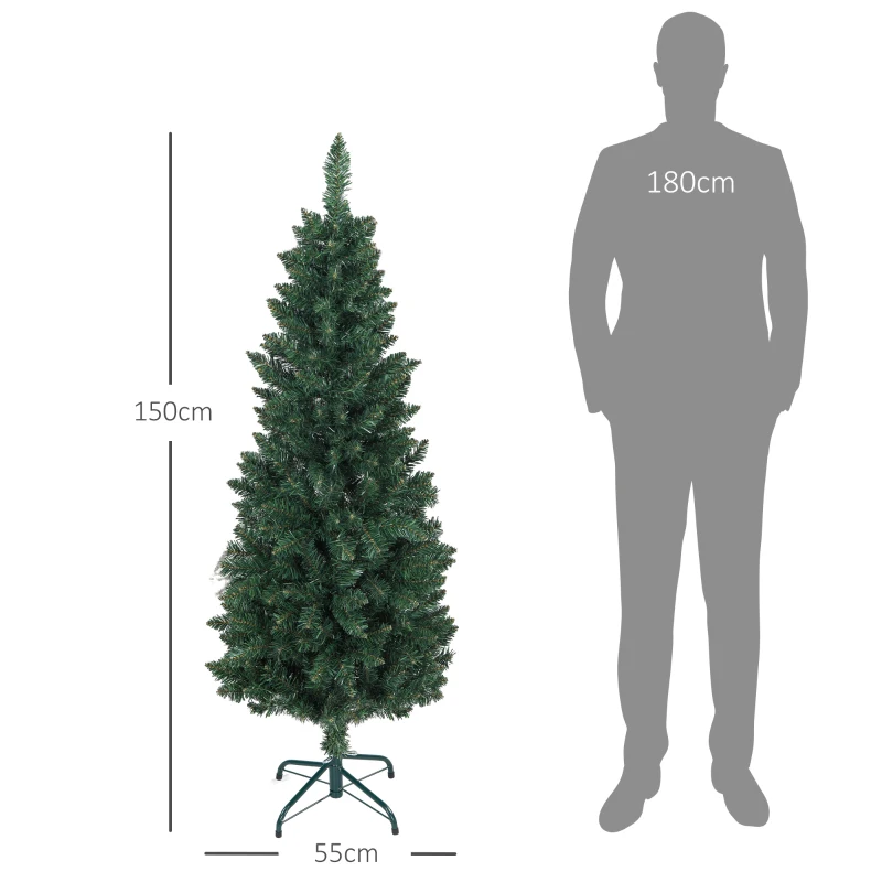 HOMCOM Árbol de Navidad Tipo Lápiz 150 cm con Base Plegable y 317 Ramas para Dormitorio Oficina Verde