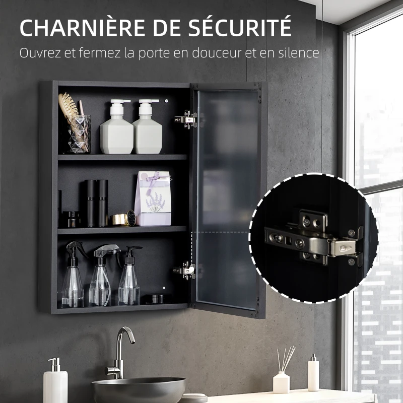 kleankin Armoire miroir de salle de bain armoire murale armoire à glace avec 1 porte et 2 étagères en acier 40 x 12 x 60 cm noir