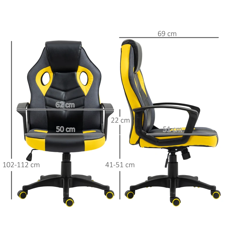 Vinsetto Sedia Gaming Ergonomica, Poltrona da Ufficio Girevole con Rotelle in Similpelle Nera e Gialla, Altezza Regolabile