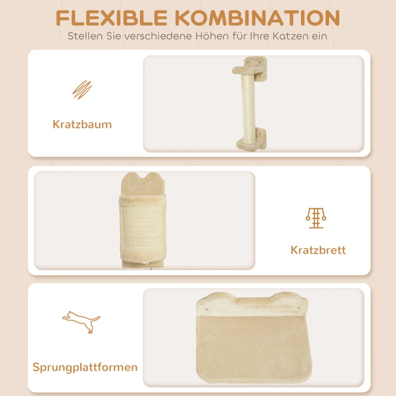 PawHut Katzentreppen-Set, 4-teilig, Kletterwand, Kratzbaum, Plüschbezug/Sisal, Beige