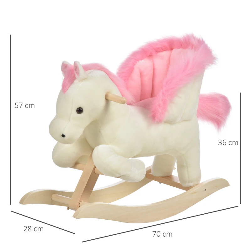 HOMCOM Cheval à Bascule Fonction Musicale Selle Grand Confort Peluche Courte Douce Pour Enfants 18-36 Mois Bois peuplier Blanc et Rose dim. 70L x 28l x 57H cm