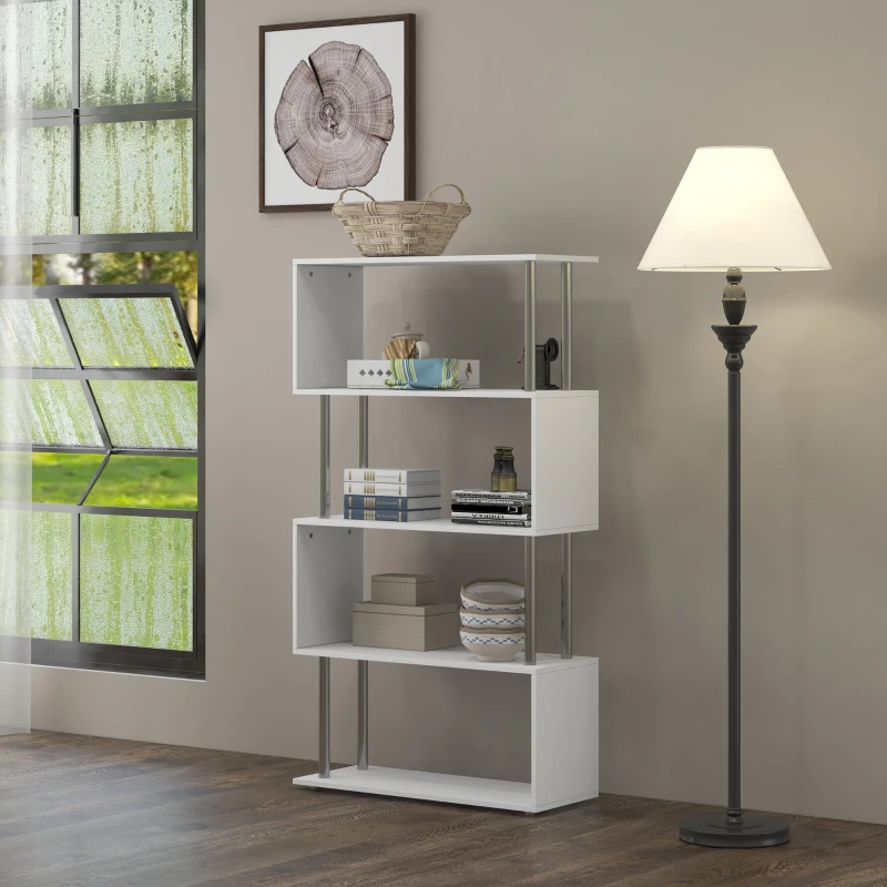 HOMCOM S Shape Bookcase, 5 Tiers Bookshelf, Modern Freestanding Storage Shelf for Home Office, Study, Living Room, 80 x 30 x 145cm, White
