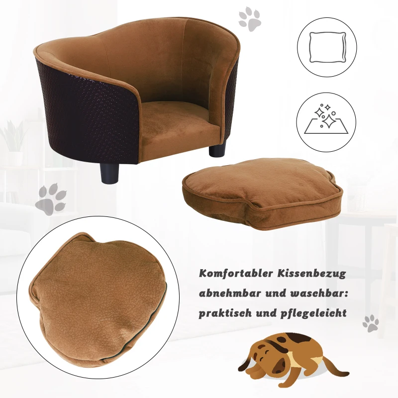 PawHut Hundesofa mit Kissen, Hundecouch, Haustiersofa, Hundematte, Hundebett, Wildlederimitat, Braun, 70 x 48 x 40 cm
