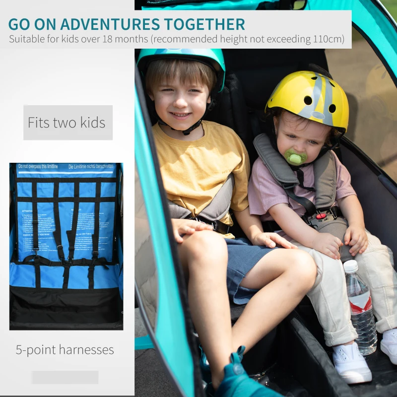 HOMCOM Child Bike Trailer Foldable 2-Seat Baby Transport Carrier with Storage Bag Five-point Safety Harness Hitch Coupler Blue