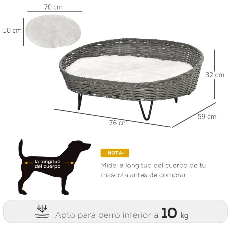 PawHut Cama para Perros Gatos de Mimbre Cesta Ratán para Mascotas Medianas Pequeñas con Cojín Lavable y Patas Elevadas de Acero 76x59x32 cm Gris y Blanco