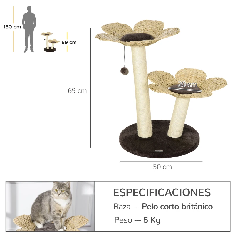 PawHut Árbol Rascador para Gatos Torre para Gatos con Camas Forma de Flor Postes Rascadores 50x50x69 cm Marrón y Beige