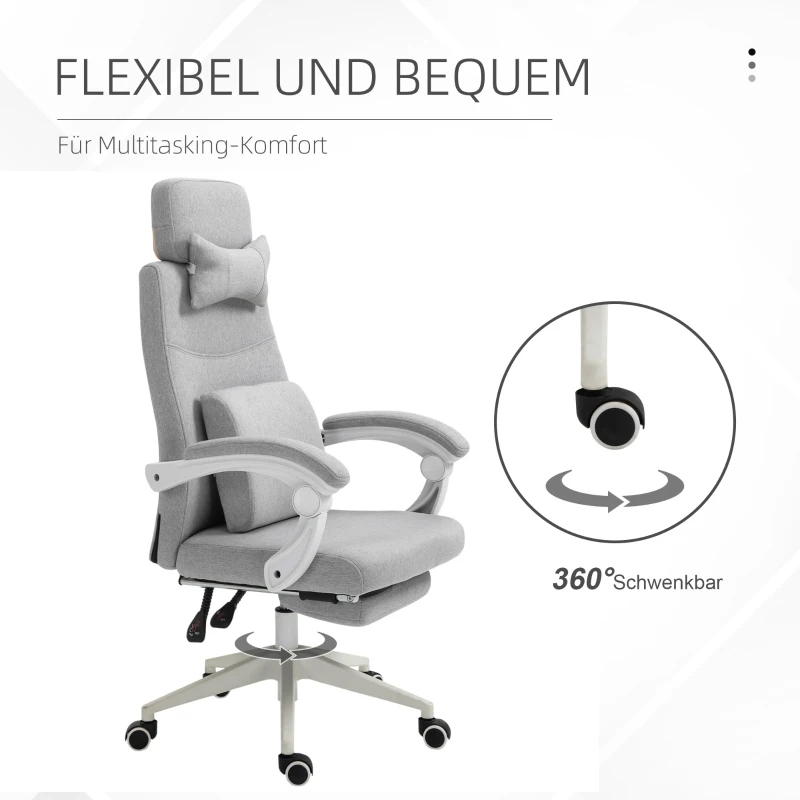 Vinsetto Bürostuhl, Ergonomischer Schreibtischstuhl mit Kopfkissen, Lendenkissen, höhenverstellbar Gamingstuhl mit Fußstütze, hoher Rückenlehne, Grau 62 x 68 x 117-127 cm