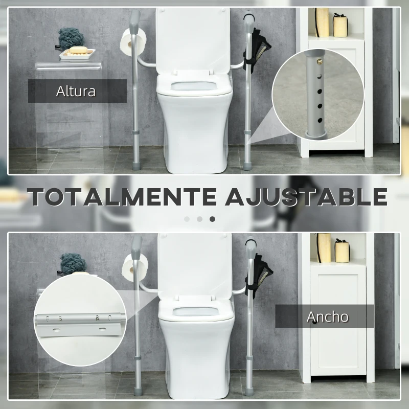 HOMCOM Barra de Seguridad para Inodoro con Asas Antideslizante Bolsillo Anchura y Altura Ajustable 55-62x47x64-74 cm Plata