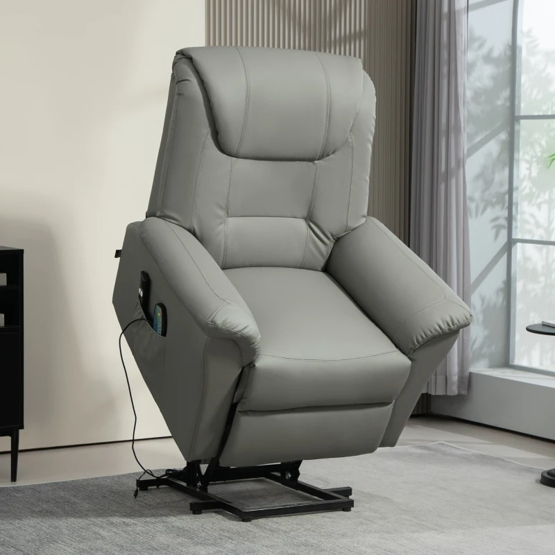 HOMCOM Relaxsessel mit Aufstehhilfe, Massage, Heizung, Kunstleder, 93x95x106 cm, Hellgrau