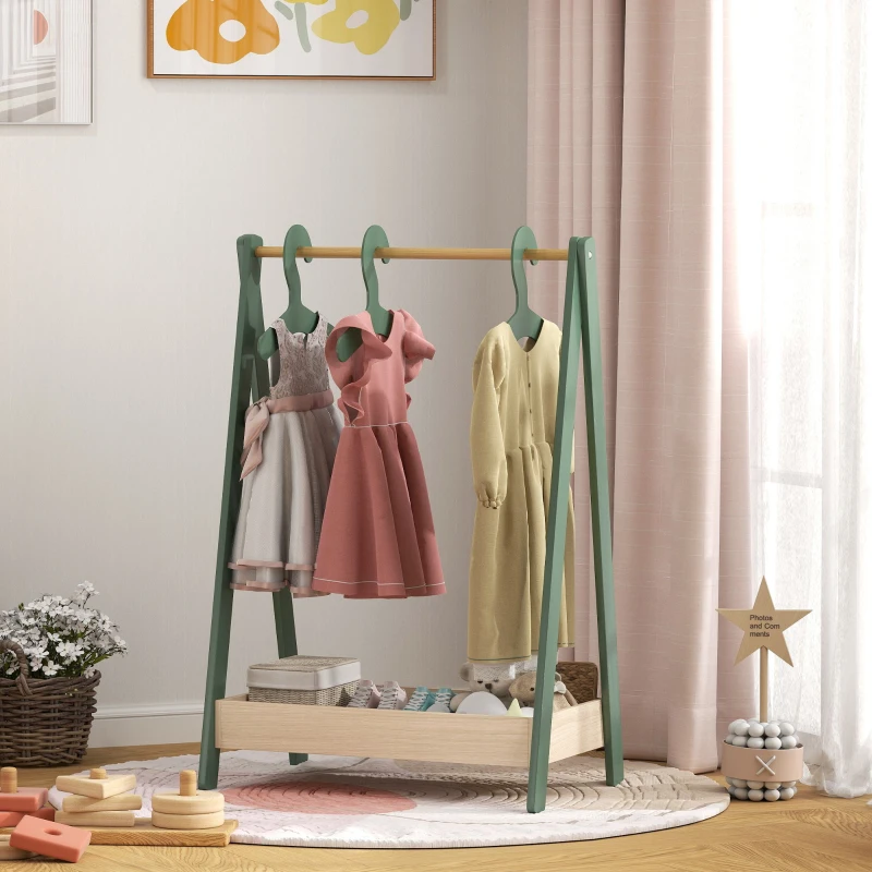 AIYAPLAY Kids Clothes Rail with 3Hangers, Bottom Storage Shelf for Girls, Boys, Nursery, Bedroom, Green