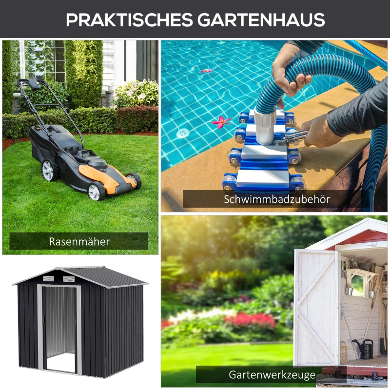 Outsunny Gartenhaus Geräteschuppen Gerätehaus Gartenchuppen, wetterbeständig, 2,6 m² Bodenfläche, rostfreier Stahl, 195,5 x 153 x 188 cm, Schwarz