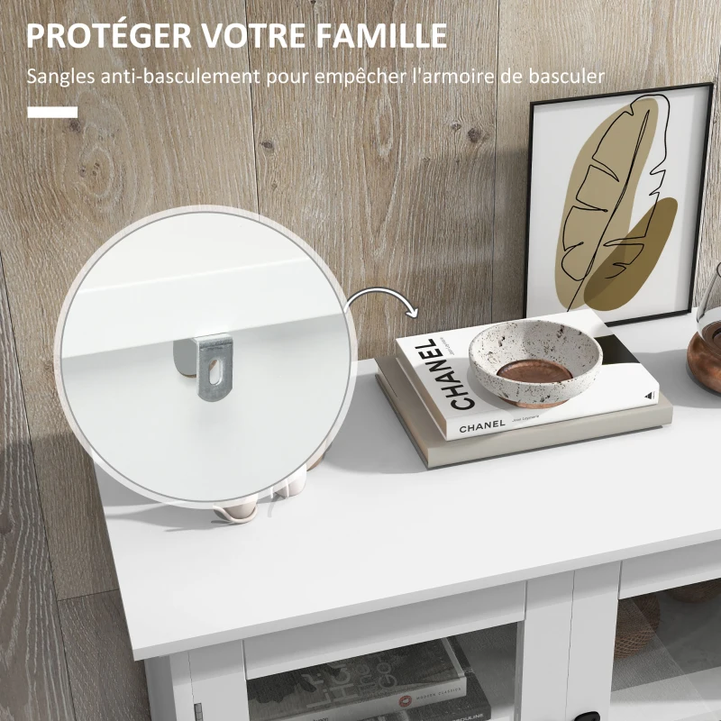 HOMCOM Buffet de cuisine armoire multi-rangements 2 placards, portes en verre, 4 étagères en bois blanc