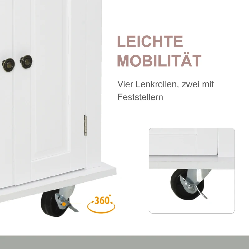 HOMCOM Küchenschrank, Servierwagen, Kücheninsel mit Rollen, Küchenwagen, Küchenregal mit Schublade und verstellbares Regal, Gummiholz, MDF, Spanplatte, Weiß, 111 x 44,5 x 82,5 cm