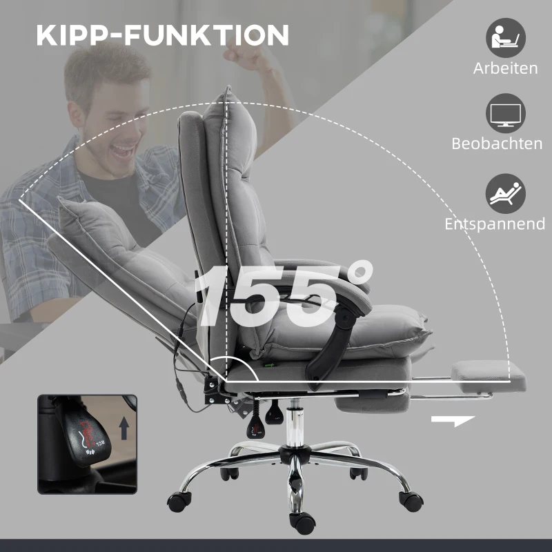 Vinsetto Bürostuhl mit Massagefunktion, Heizfunktion, Fernbedienung, ausfahrbare Fußstütze, neigbar, grau