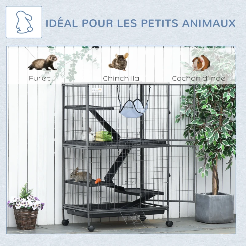 Pawhut Cage pour rongeurs Multifonction 4 Plateformes 3 rampes 4 Portes dim. 80L x 52l x 128H cm métal Gris argenté Noir