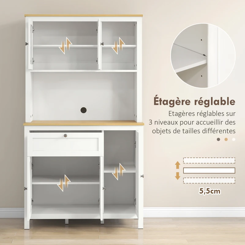 HOMCOM Buffet de cuisine haut 5 portes dont 2 portes vitrées et 1 tiroir, 1 niche centrale - hauteur 180 cm blanc