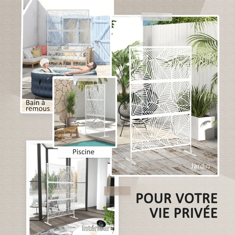 Outsunny Panneau brise vue décoratif paravent extérieur blanc à motif végétal en métal - 122 x 45 x 198 cm, blanc