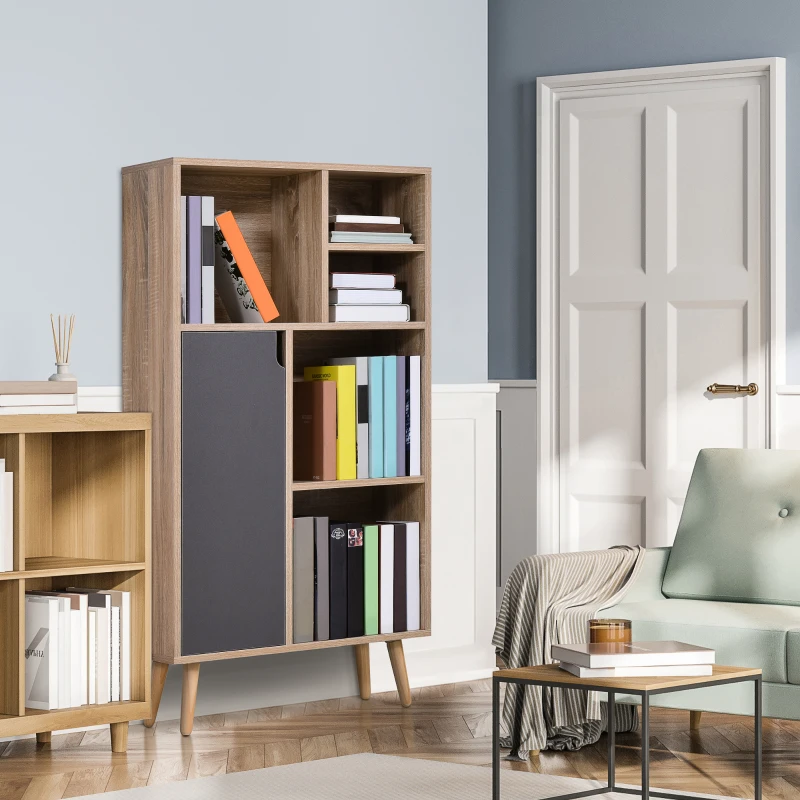 HOMCOM Freestanding Bookshelf Living Room Bookcase Storage Cabinet with 5 Shelves and Door Cupboard for Home Office, Bedroom, Study, Grey