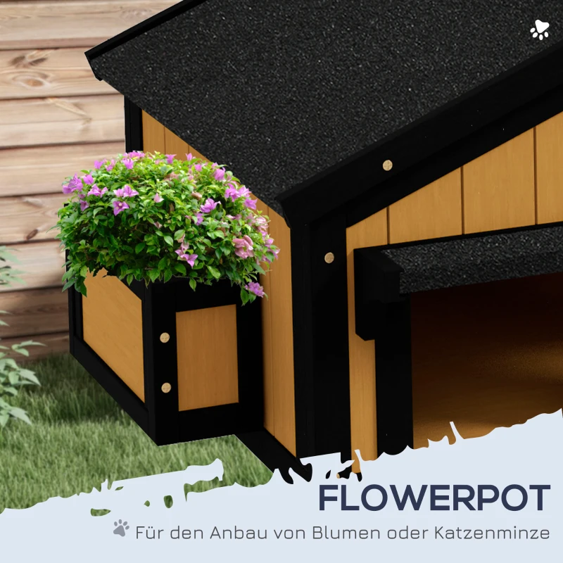 PawHut Katzenhaus Katzenhütte Katzenhöhle, inkl. Blumenkasten, 96 cm x 65 cm x 85,5 cm, Gelb + Weiß + Schwarz(m-5)
