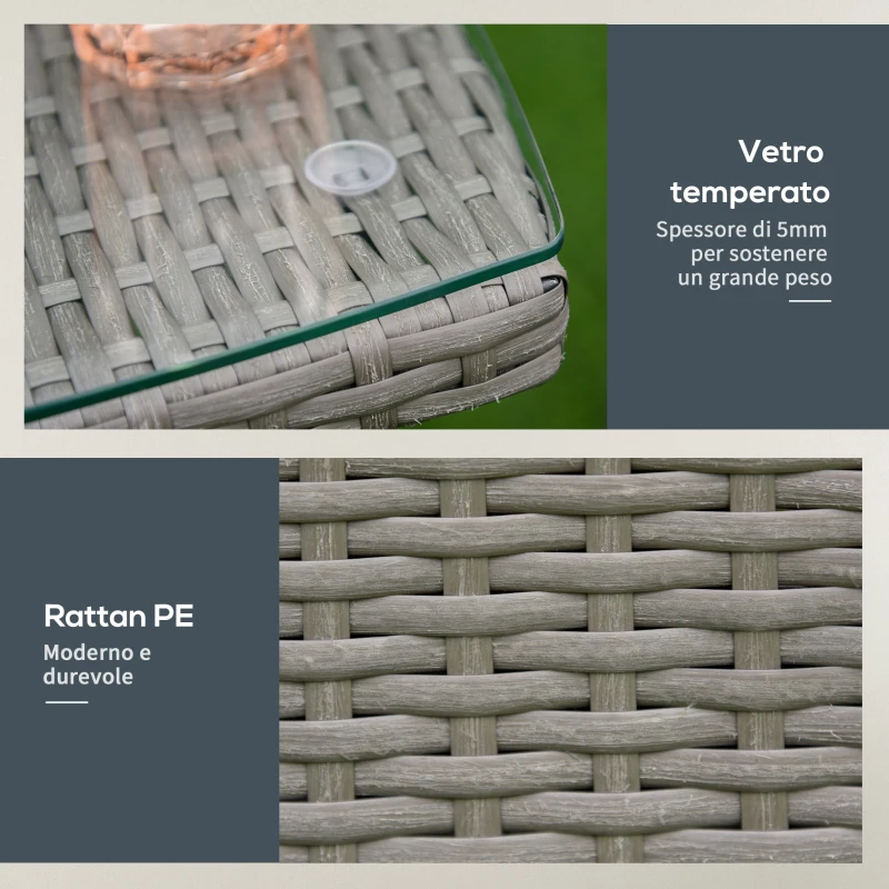 Outsunny Set Giardino Esterno 3 Pezzi in Rattan PE e Acciaio, Set 2 Sedie con Cuscini Lavabili, Braccioli, Tavolino da Caffè con Piano in Vetro, Salotto da Giardino Balcone Patio Cortile, Grigio