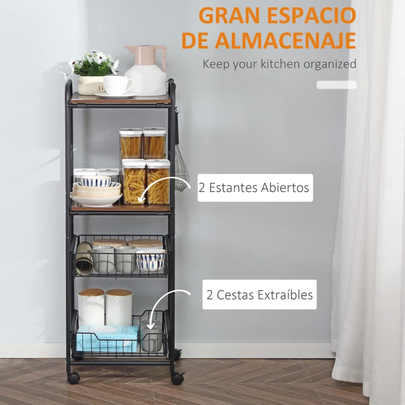 HOMCOM Carrito Auxiliar de Almacenaje con 2 Estantes 2 Cestas Extraíbles y 4 Ganchos 40x38x111 cm Nogal y Negro